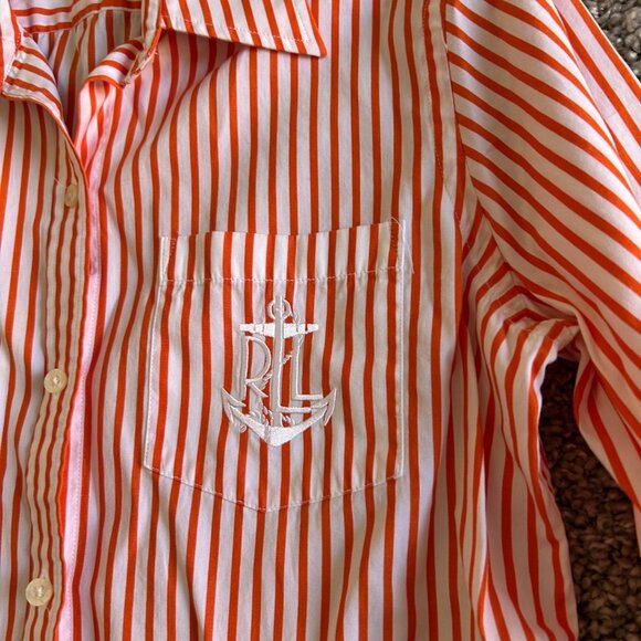 Lauren Ralph Lauren Petite Striped Cotton Button-Up Shirt /Embroidered Anchor - Picture 3 of 7